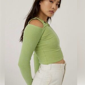 NWT Daydreamer Long Sleeve Cold Shoulder Crop Top in Green and Orange